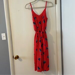 Ripe Red Jumpsuit with Blue Floral Pattern